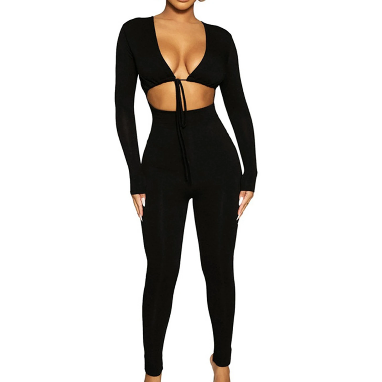 

Women's Drawstring Sexy Jumpsuit Long Sleeve High Waist Slim Fitting Jumpsuit for Party Outfit Cloth Matching NOV99