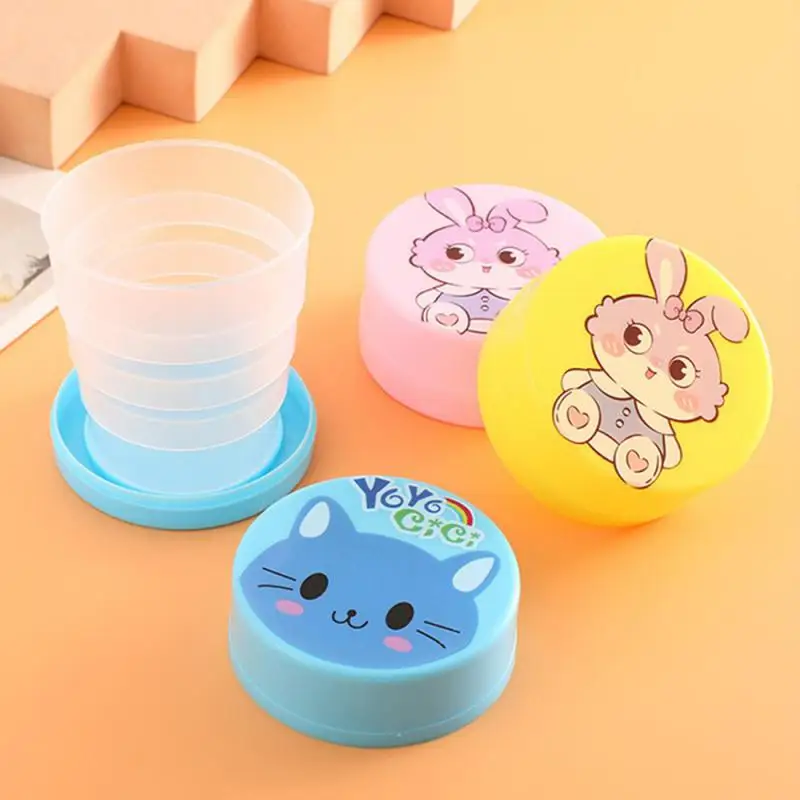 100ML Folding Cup With Lid Portable Reusable Plastic Water Cup Cartoon Collapsible Mouthwash Travel Outdoor Drinking