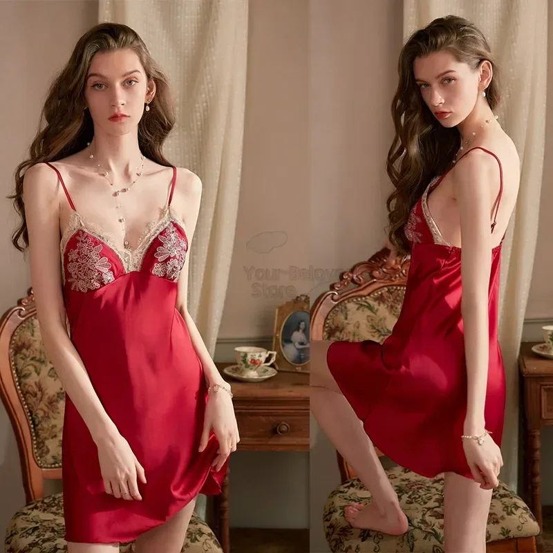 

Нижнее белье с открытой спиной на бретельках, кружевная ночная рубашка, ночная рубашка, домашняя рубашка, пикантная женская ночная сорочка, атласная ночная рубашка