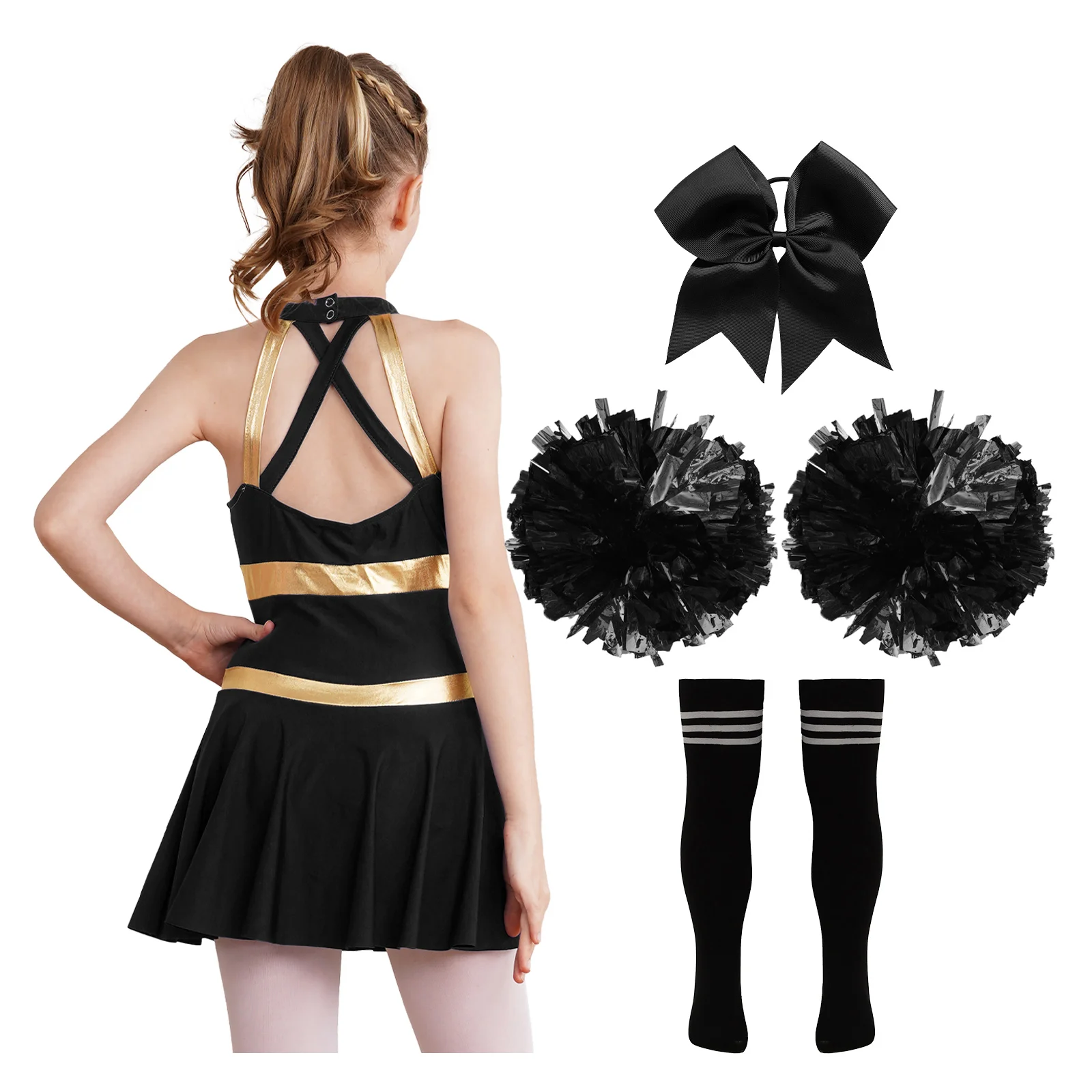 Kids Girls Cheerleading Outfits Jazz Dance Costume Dress with Headwear Ball Flowers Tube Socks for Sports Meeting Performance
