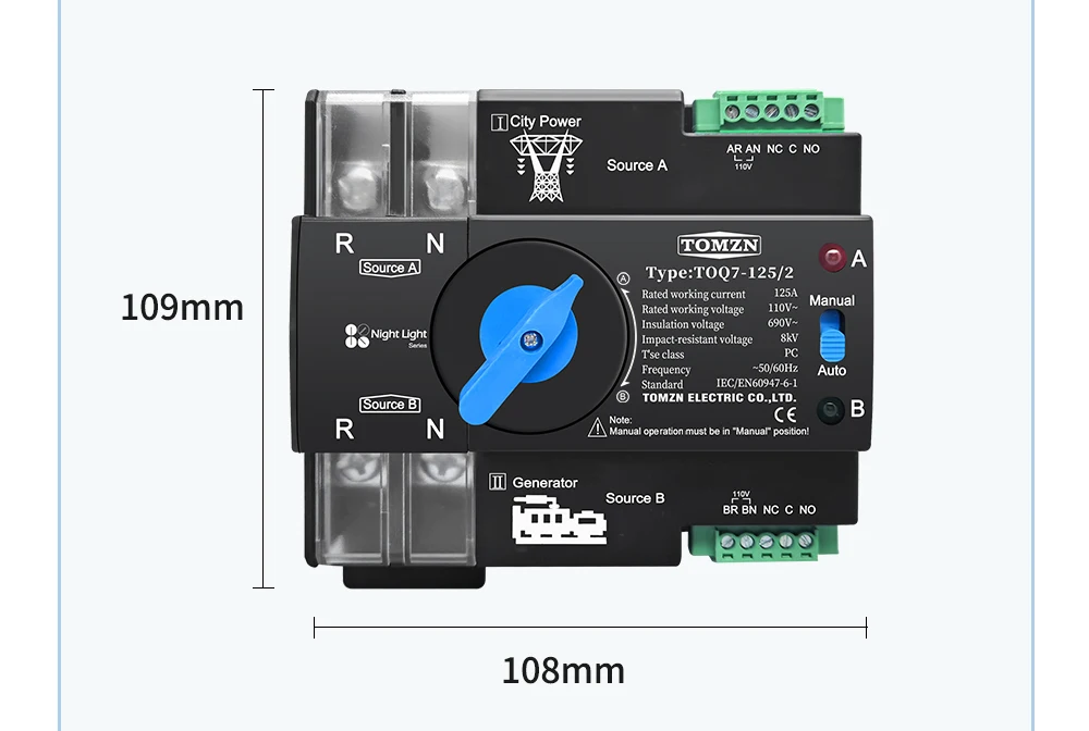 Din Rail ATS 110V 120V Dual Power Automatic Transfer Electrical Selector Switch