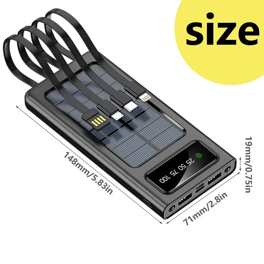 200000mAh Solar Power Bank  4-USB Cable Portable Charger Ultra-Large Capacity Mobile Power Suitable For Samsung Apple Huawei 6
