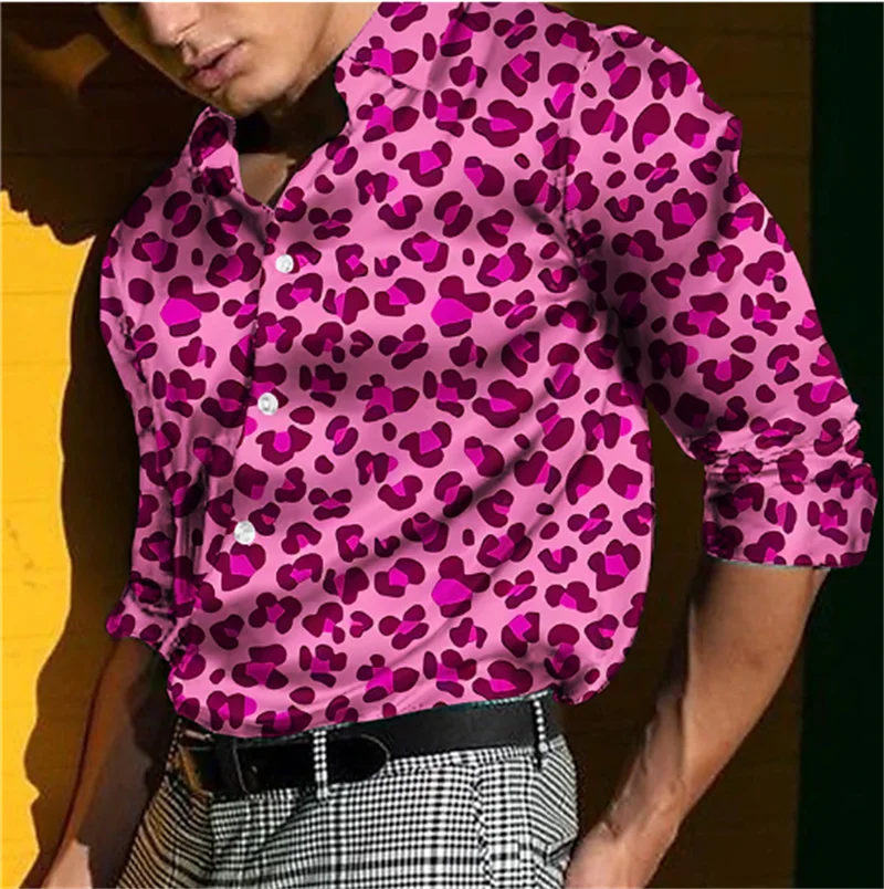 Leopard Print Shirt Men's Cuffed Fashion Casual Men's Soft