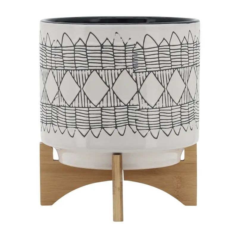 

Geometric Ceramic Planter on Wooden Stand, Gray, 11"x10"