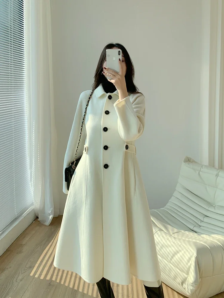 2023 New Hemline Waist Style Hepburn Style Double-sided 100% Pure Cashmere Coat Medium Length Woolen Coat for Women