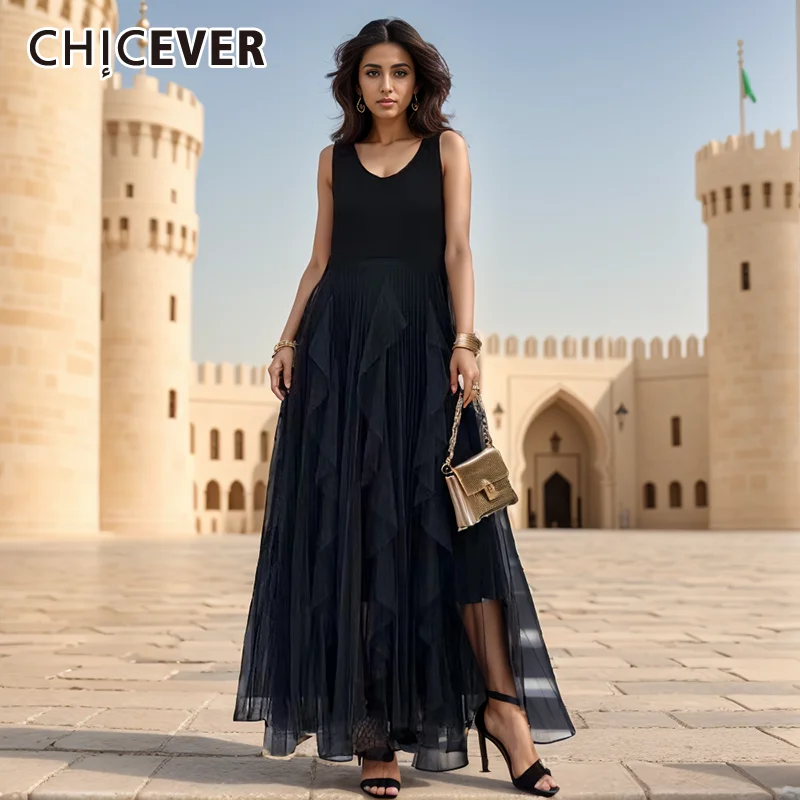 

CHICEVER Asymmetrical Hem Tank Dress For Women Round Neck Sleeveless High Waist Patchwork Mesh Solid Midi Dresses Female Summer