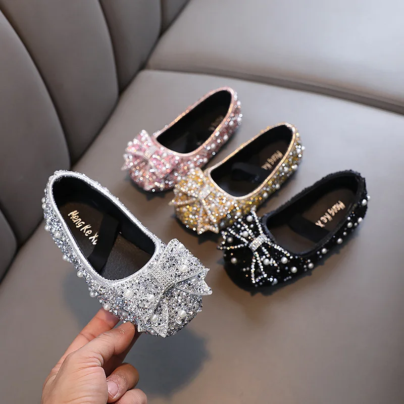 Children's Flats Kid's Single Shoes Fashion Girls Pink Rhinestone Bow Silver Princess Shoes for Students Baby Party girls shoes girls flats