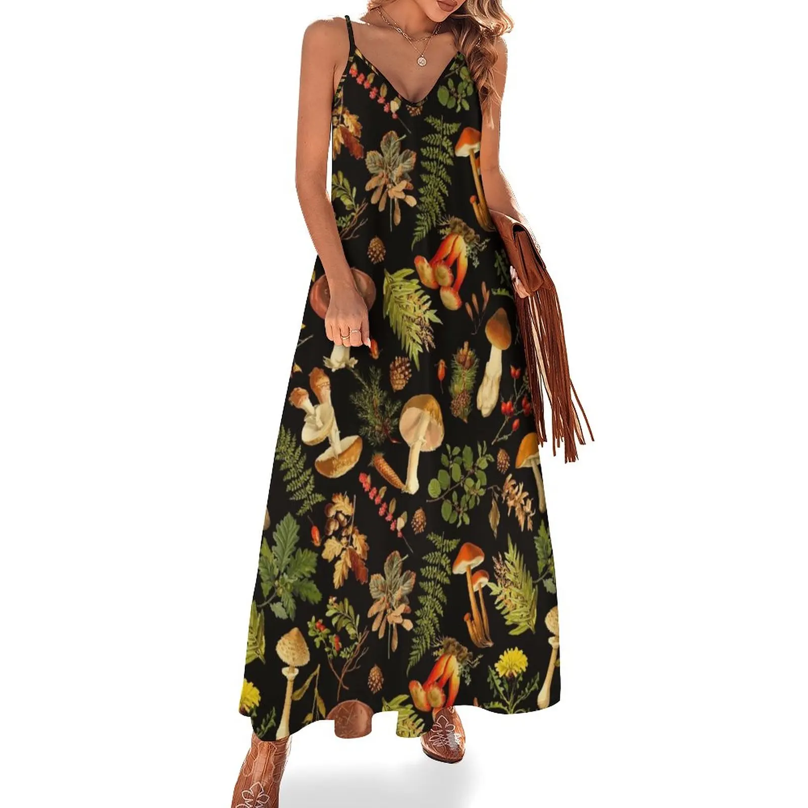 

Vintage toxic mushrooms forest pattern on black Sleeveless Dress Party dresses dress for women summer Female dress