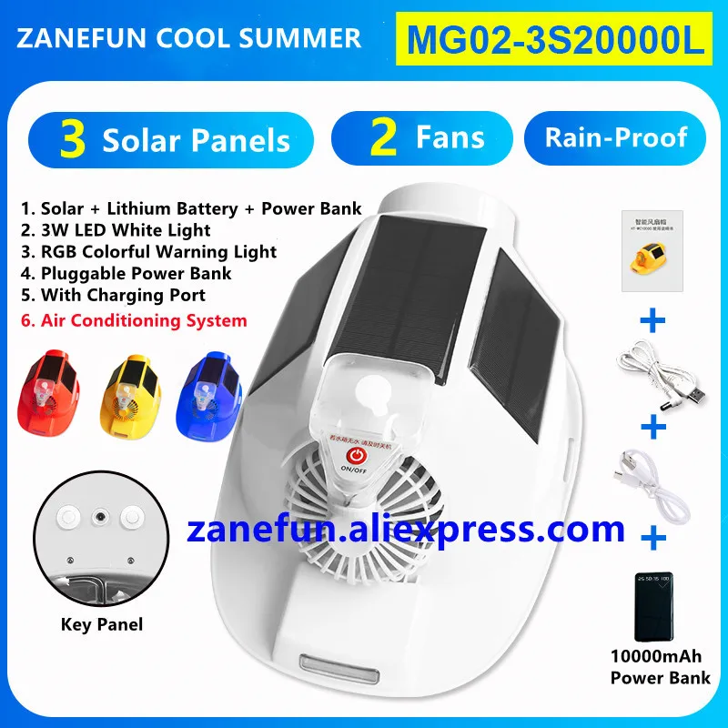 Helmet with 3 Solar Panels 2 Fans Air Condition Fan LED Light RGB Warning Lithium Battery Power Bank Outdoor Work Solar Fan Cap