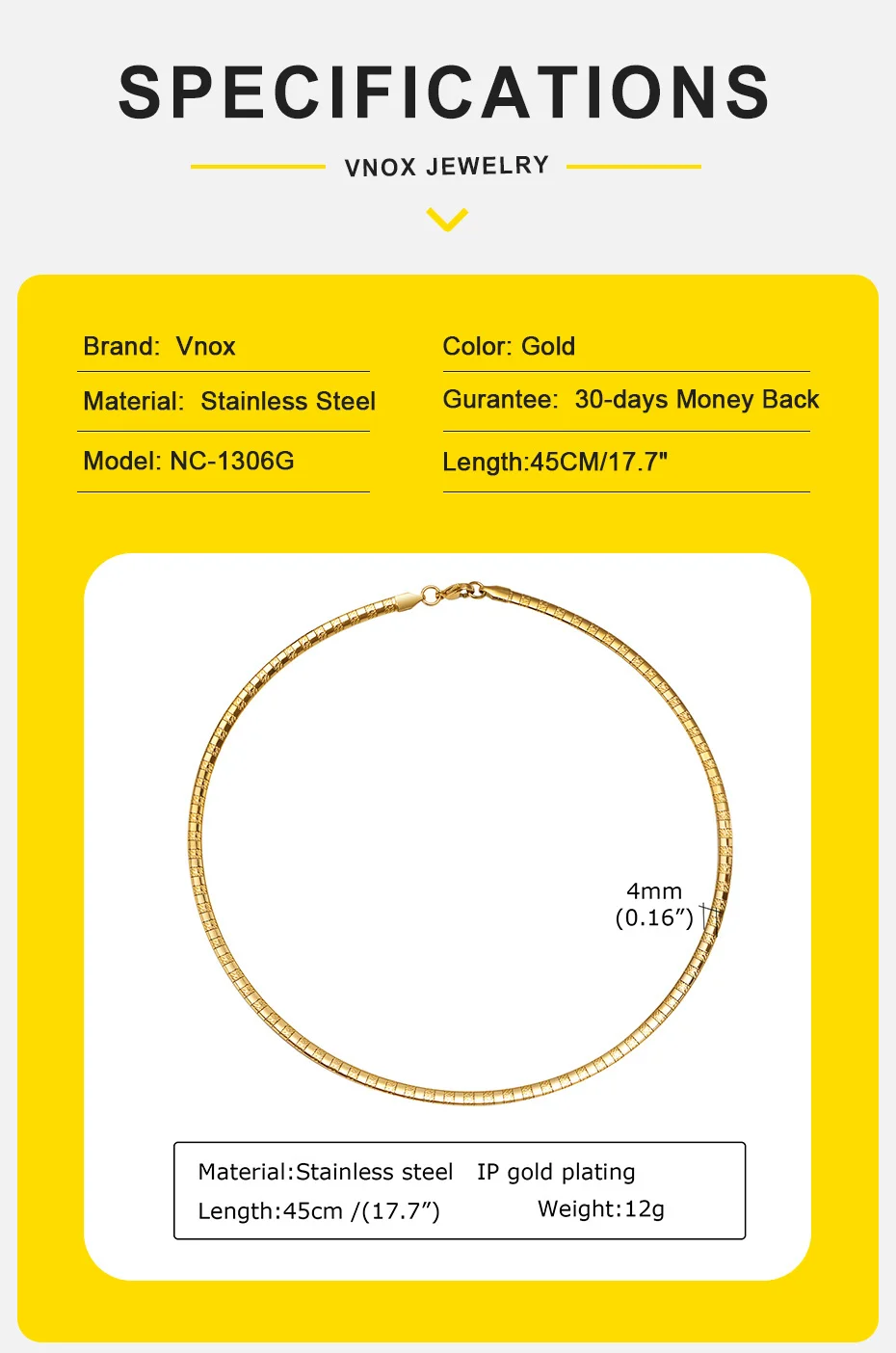 Vnox Zeitgenössische Geometrische Kette Choker Halsketten für Frauen, Gold Farbe Edelstahl Link Kragen Geschenk Partei Schmuck – Detail 4