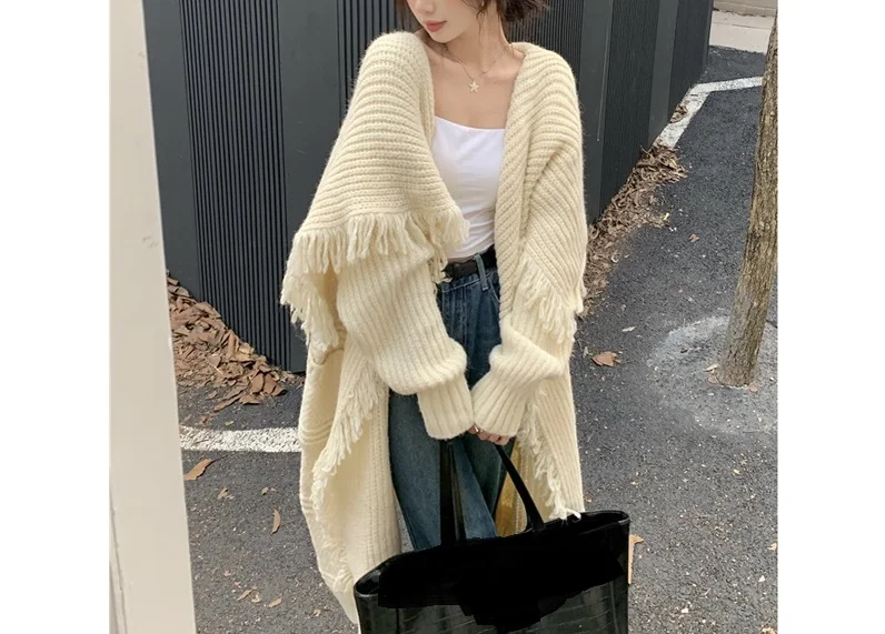 Tassel White Sweater Coat Women's 2023 New Autumn/Winter Cloak Loose Medium  Length Knitted Cardigan - AliExpress