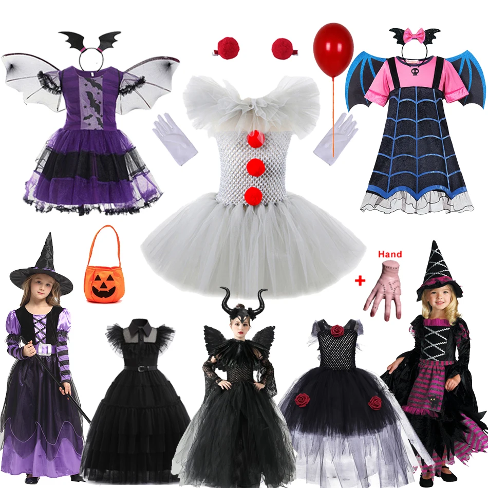 

Halloween Vampire Girls Costume Witch Dress Christmas Princess Dress Kids Cosplay Vampirina Costume Bat Pumpkin Bag Hat Broom