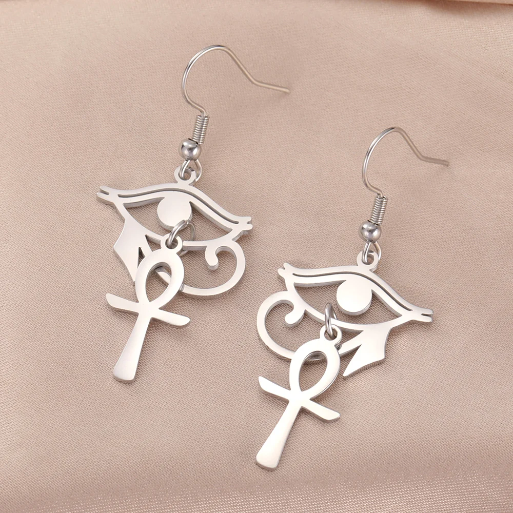 Dawapara Ancient Egyptian Symbol Earrings Eye of Horus and Ankh Cross Hieroglyphic Ideograph Protection Amulet Stainless Steel