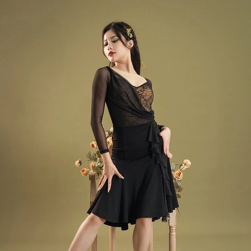 

Long Sleeve Lace Gauze Sexy Backless Placketing Latin Dance One-Piece Dress for Female/Women,Ballroom Costumes Performance Wears