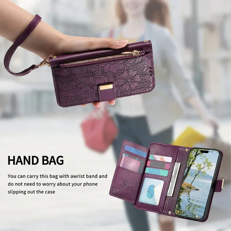 Zipper Wallet Flip Case with Card Holder and Wrist Strap