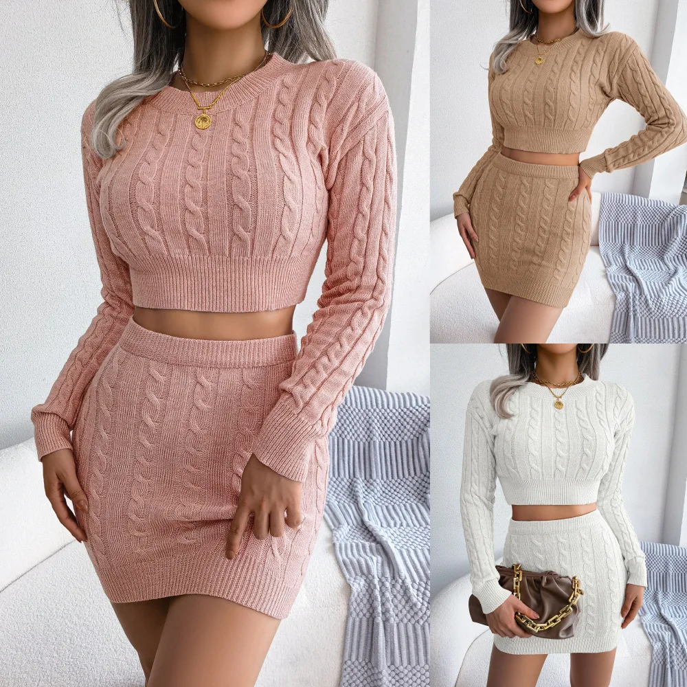 Autumn Winter Women's Casual Fried Dough Twist Navel Revealing Sweater Hip Skirt Knitting Suit Fashion Female & Lady Skirts Sets