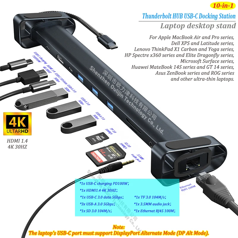 Multi-USB PD 100W RJ45 SD/TF Adapter USB-C Docking