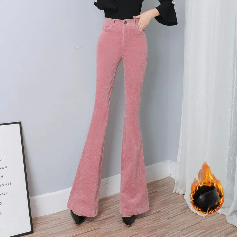 Korean Solid High Waist Corduroy Flare Pants Women Autumn Winter Fashion Slim Versatile Fleece Casual Straight Trousers 2023