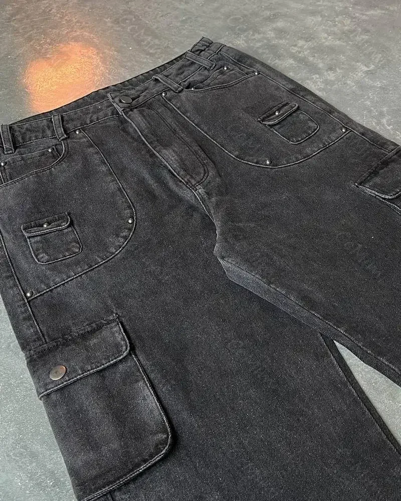 Men Jeans Ripped Jeans Ripped Patchwork Jeans Vintage Y2K Loose Fit Black Cargo Wide Leg