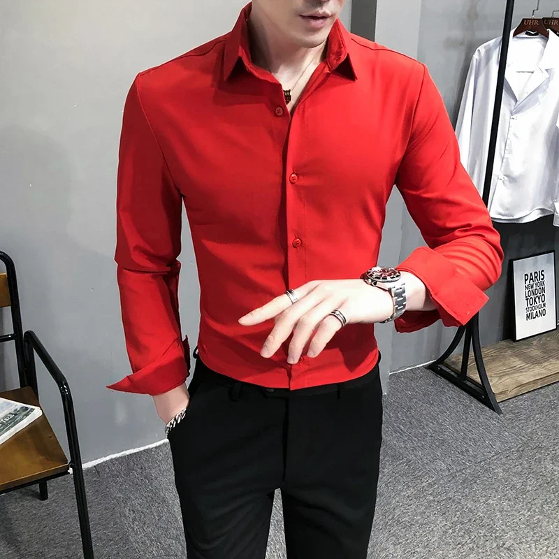 

5XL-M Men Solid Color Simple Tooling Long Sleeve Shirt Spring New Slim-fit Casual Business Social Dress Shirt Party Dress Shirt