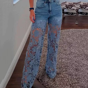 High Waist Wide Leg Jeans Pants Summer Fashionable Lace Splicing Hollow Out Denim Draping Jeans Ladies Cotton Zipper Spring 1