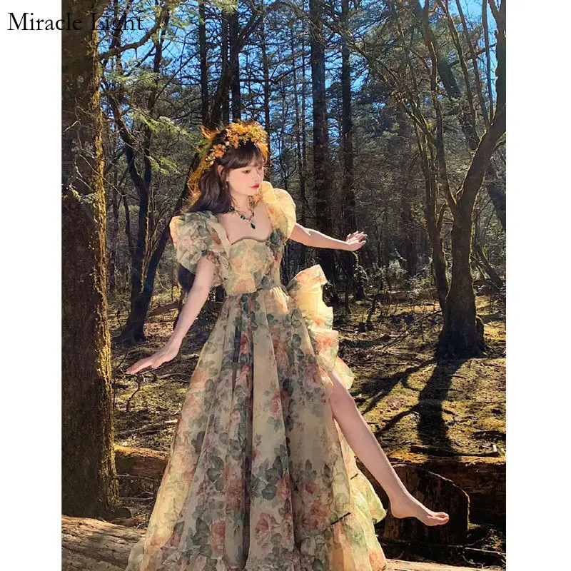 

Ruffleds Floral Long Dresses For Women Summer Casual Short Sleeve Elegant Party Korean Chic Holiday Sweet Female Clothing