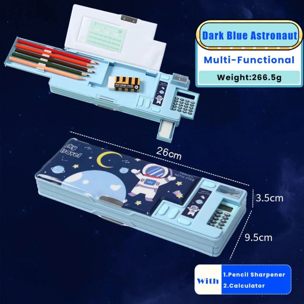 Dual-Sided Fun Mechanism Plastic Pencil Case with Built-In Calculator and Sharpener
