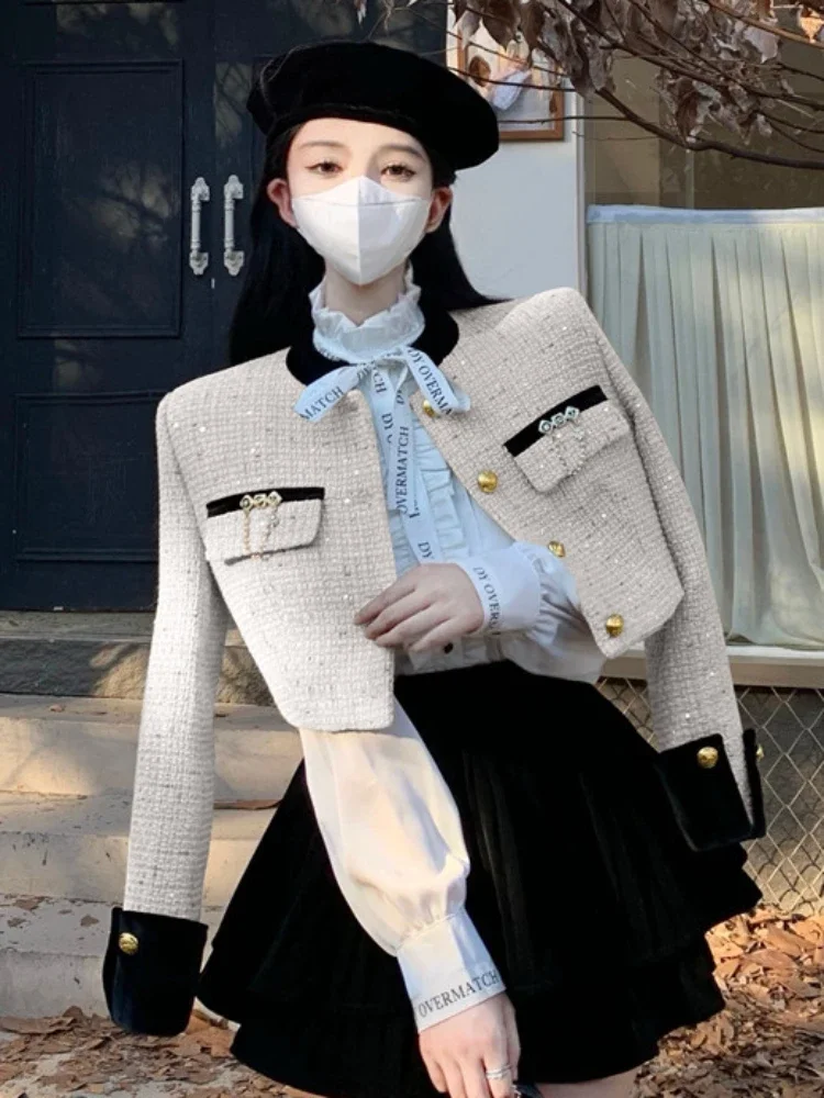 

Autumn Luxury Women's Tweed Cropped Jackets Elegant Single-Breasted Short Coat Ladies Korean Fashion Slim Small Fragrant Outwear