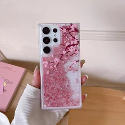 Pink Peach Blossom Quicksand Case with Love Heart Sparkles and Floral Accents - Galaxy S26 Ultra (Above Peach Blossom)