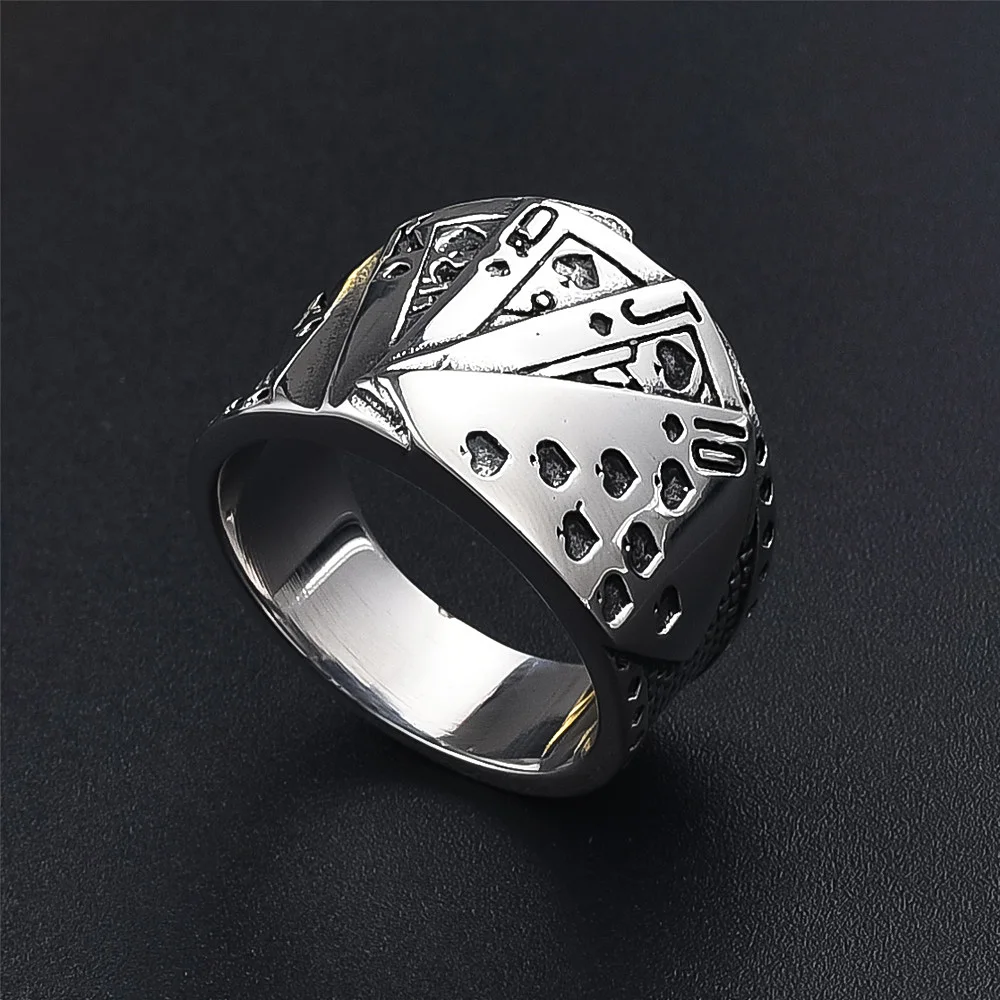 Lucky Poker Flush Ring Men Women Gold/Silver Color Stainless Steel Punk Biker Ring Hip Hop Playing Card Magician Jewelry