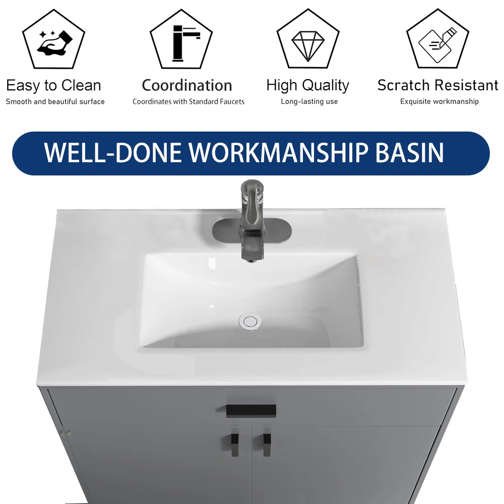 1pc 36 inch Porcelain Ceramic Vanity Sink Top, Surface Bathroom Vessel Sink Basin with Single Faucet Hole, Rectangular, Glossy 5