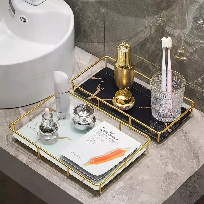 Metal Marbled Glass Tray Decorative Storage Rack Desktop Organizer Cosmetic Shelf Display Stand Bathroom Storage Shelves makeup organizer bathroom shelf rack bathroom storage rack storage tray countertop storage rack