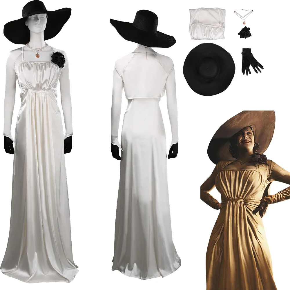 

Village Alcina Dimitrescu Cosplay Female Costume Dress Hat Gloves Full Set Outfits Fantasia Halloween Carnival Roleplay Suit