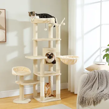 Multi-Level Cat Tree with Scratching Post Hammock Large Perches Hanging Balls Tall Cat Tower for Indoor Spacious Cat Condo House 1