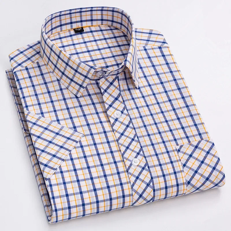 

Luxury Men's Social Shirts Summer Short Sleeves 100% Cotton Casual Soft Checkered Stripe Refreshing Thin Busines Formal Top 4XL