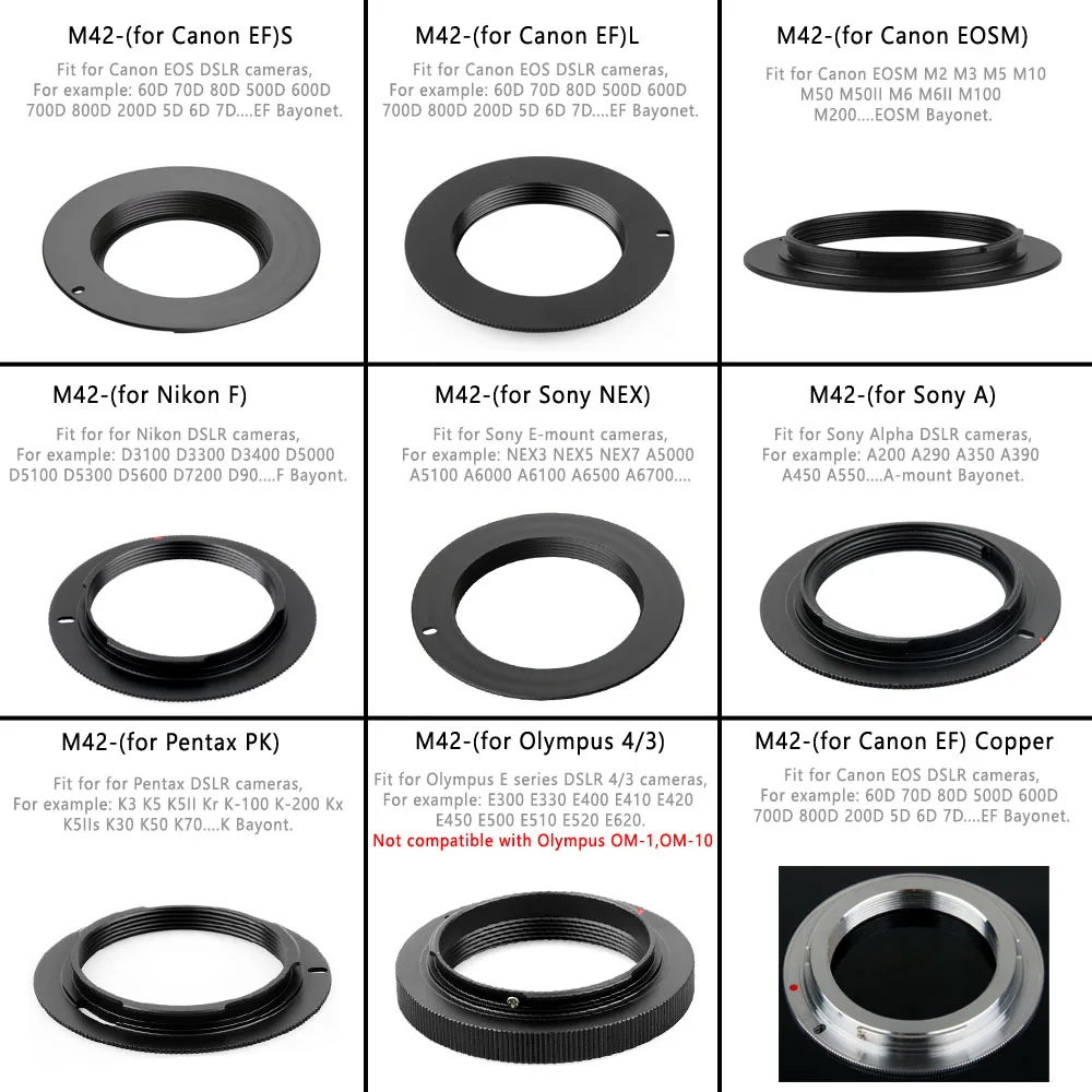 Metal M42 Lens Adapter Ring for Nikon Sony Minolta Alpha Pentax Olympus Canon EOS EF EOSM Camera Accessories