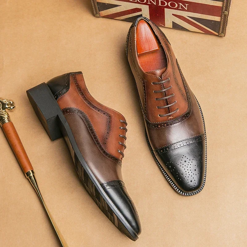 Dress Shoes Men Classic Retro Brogue Shoes Men Lace-Up Leather Dress Business Office Flats Wedding Party Oxfords Sizes 38-48