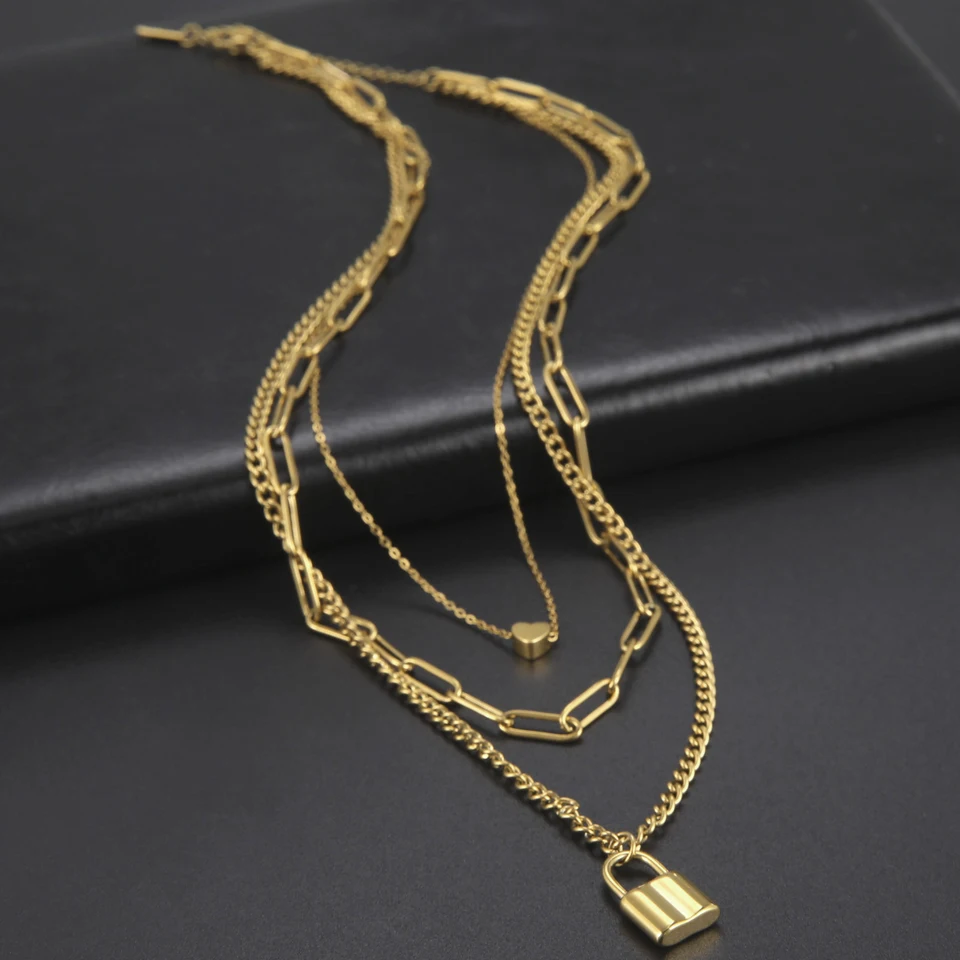 Collana Uomo Donna In Acciaio Inox Oro | Catena Quadrata A Maglie Con Lucchetto | Gioiello Creativo E Moderno | Stile Unisex