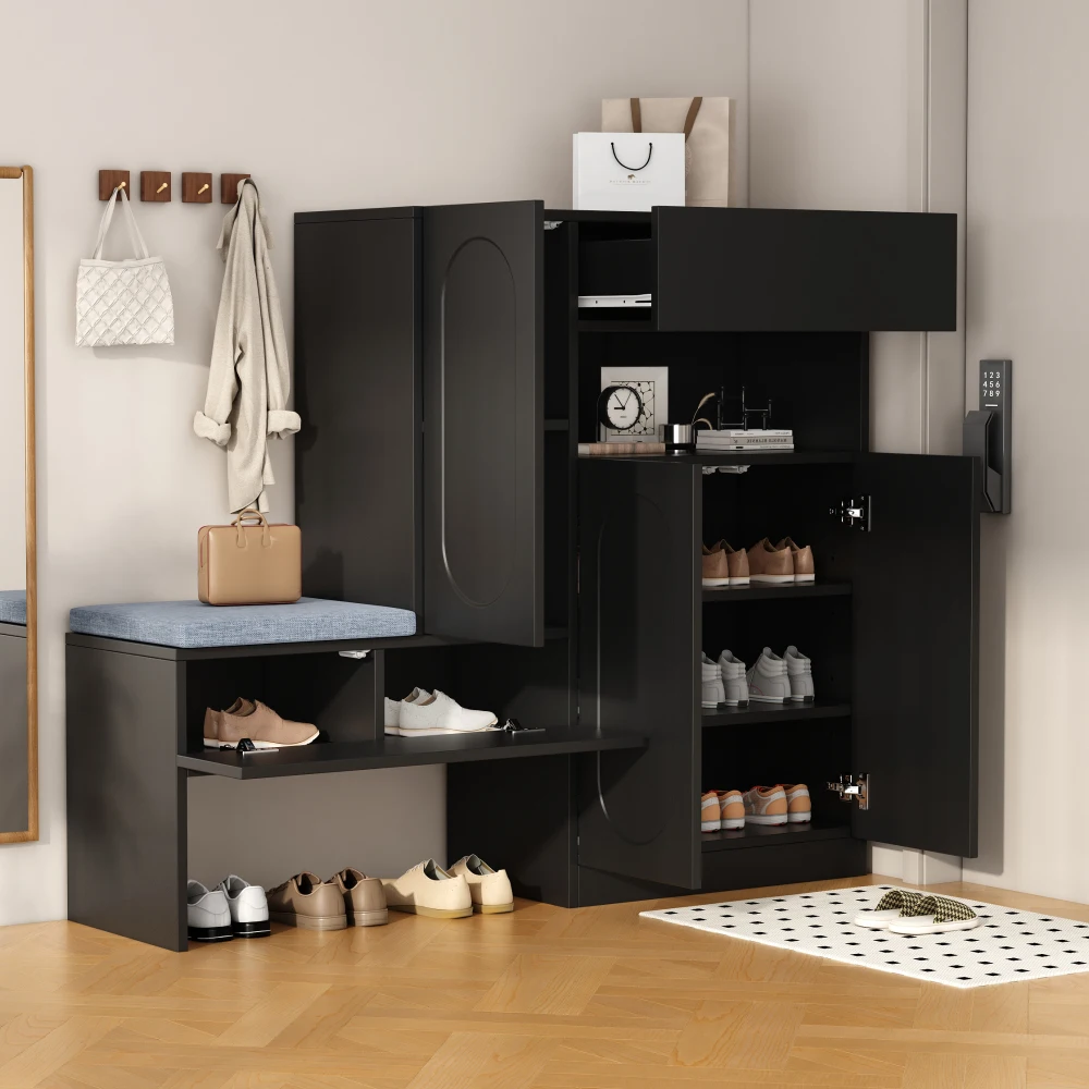 Schuhschrank mit gebogenen Türen, Klapptür mit Soft-Close-Funktion, höhenverstellbaren Fächern und gepolstertem Sitz – Detail 30