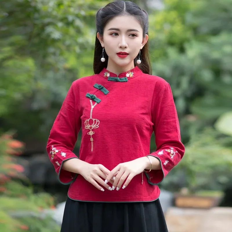 

Женские китайские топы с вышивкой ханьфу, винтажная рубашка в этническом стиле, топ Чонсам из хлопка и льна в китайском стиле, женская одежда 11109