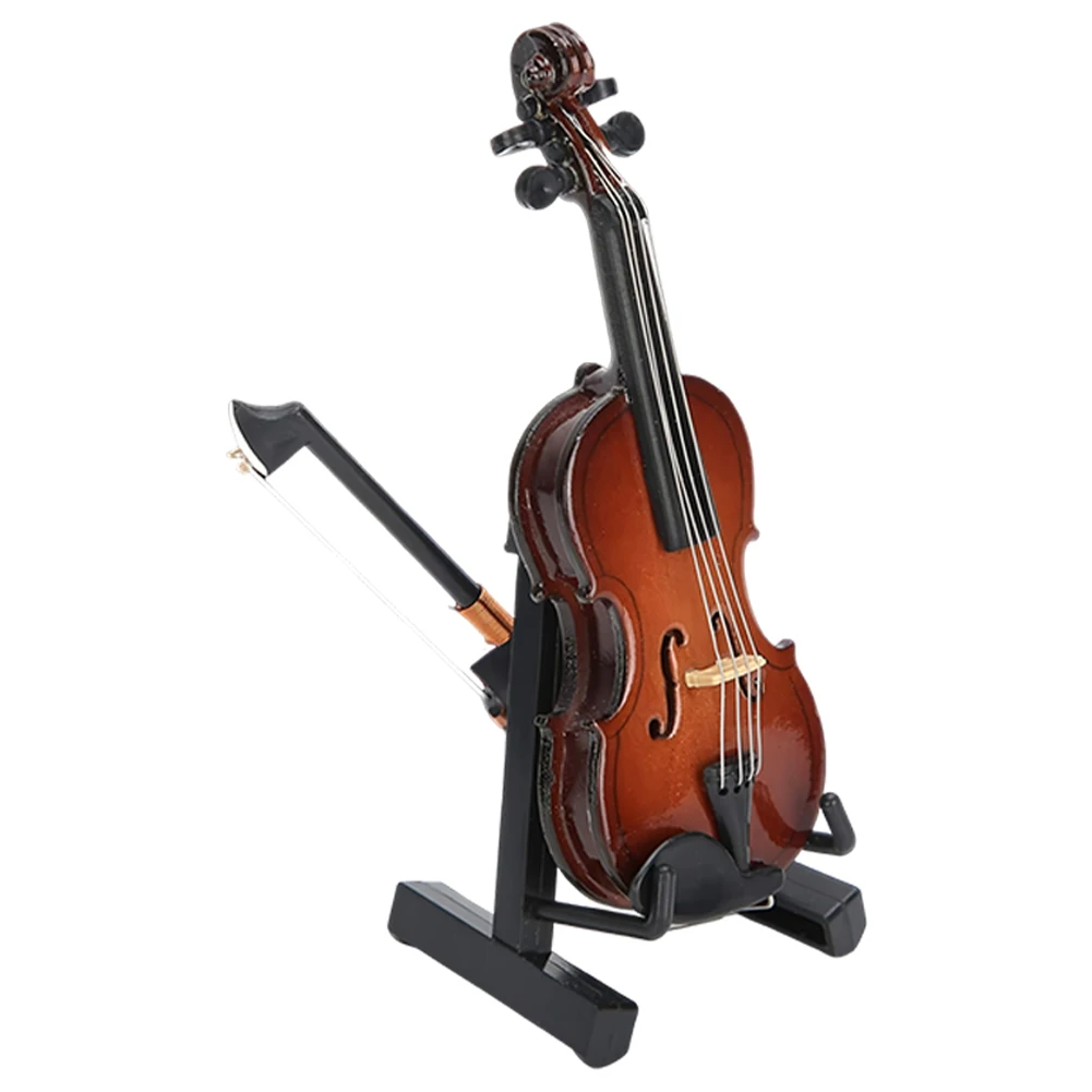 Dollhouse Miniature Wood Cello with Stand and Bow Mini Musical Instrument Decoration Wood Violin Replica Collectible Figurines
