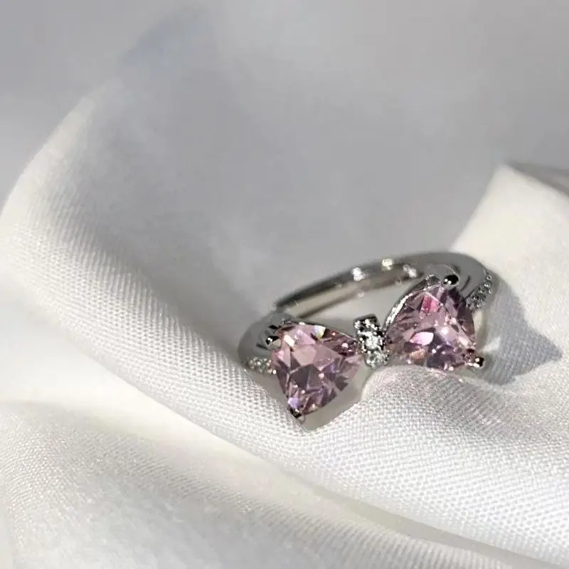Y2K Pink Crystal Bowknot Zircon Rings for Women Fashion Sweet Lovely Girl Open Adjustable Ring Kpop Party Jewelry Gift 2023