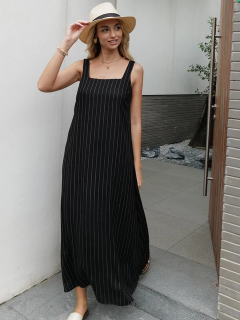 New Design 2025 Summer Women Linen Striped Sleeve Dress Split Tank Dress beach