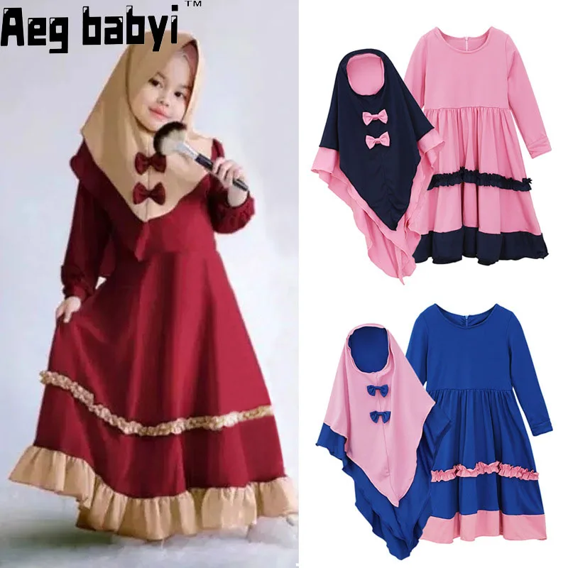 

Muslim Kids Girls Kaftan Abaya Islamic Dress Hijab Scarf Long Sleeve Maxi Dress Prayer Burka Jilbab Set Clothing Ramadan 2 PCS