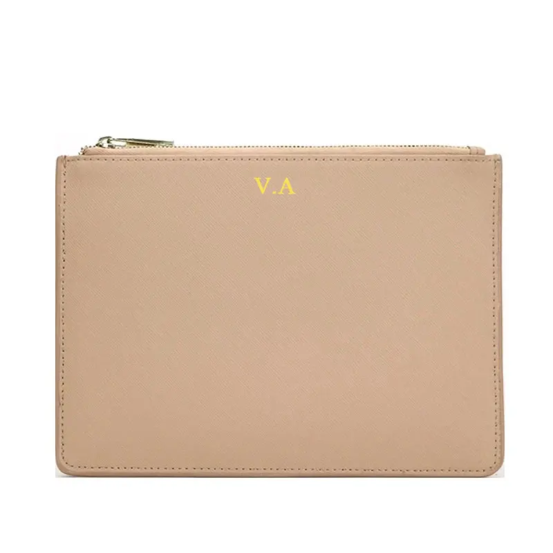Monogrammed Ladies Initial Letters Genuine Saffiano Leather Pouch Women Clutch Bag With Card Slots