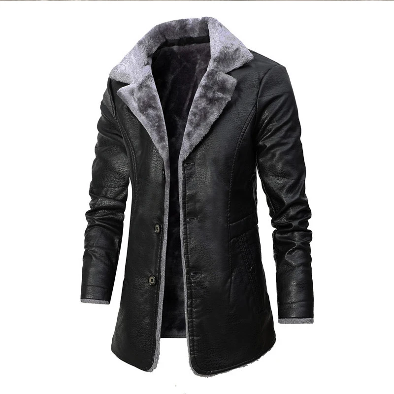 Men Winter Long Thick Fleece PU Leather Jacket Winter Fashion Suit Collar Men's Windbreaker Leather Jacket Coats leather jackets men winter jacket