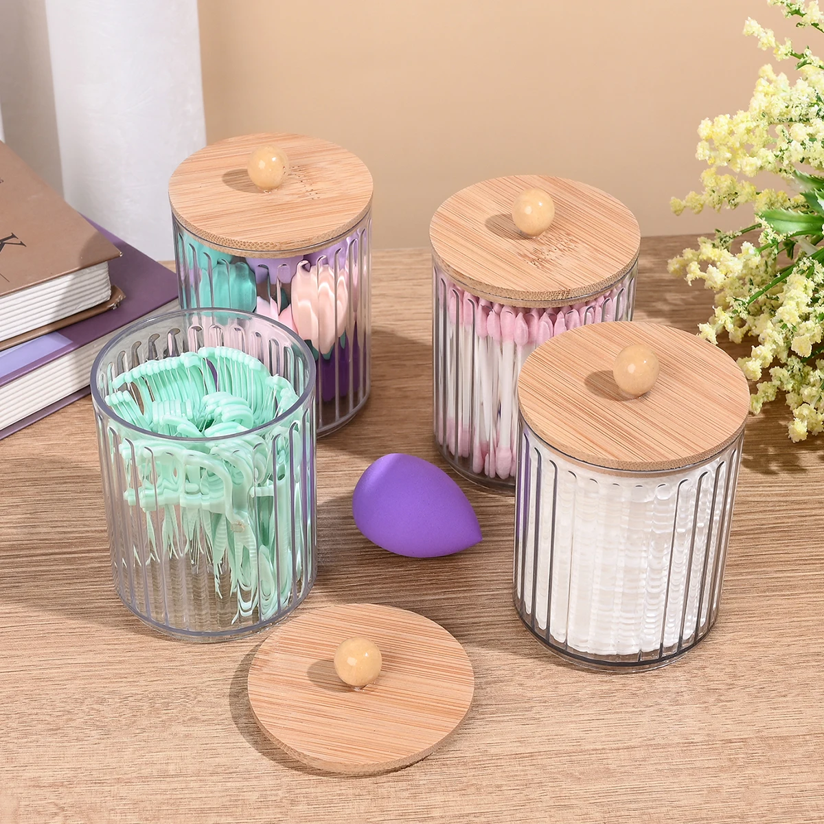 2pcs Qtip Holder Cotton Round Cotton Swabs Makeup Round Pads Dispenser Bathroom Vanrity Apothecary Jard with Lid and Bamboo Tray 2