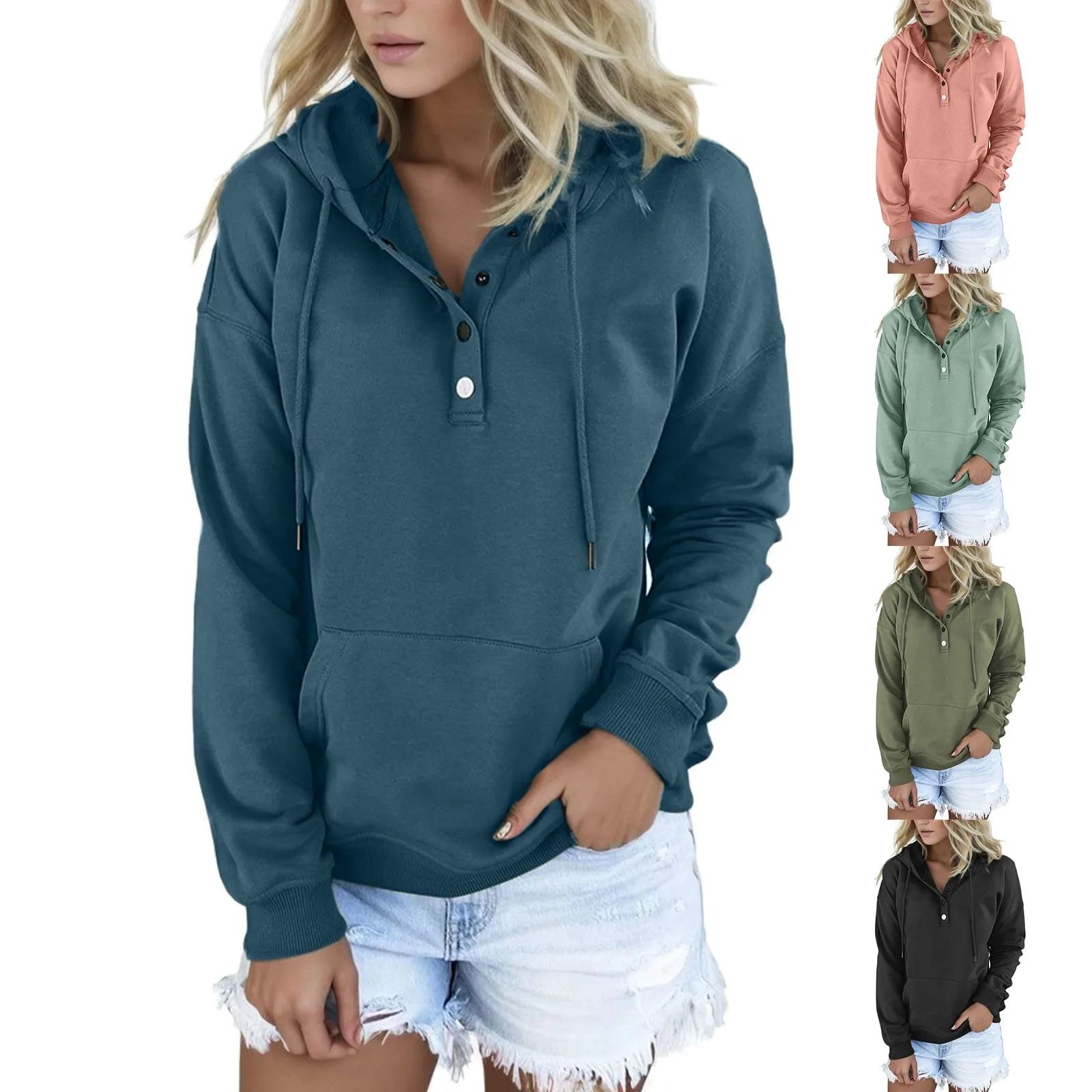 

2024 Hot Sale Women Hoodie Winter Hooded Sweatshirt For Women Cozy Women's Hoodie Stylish Loose Pullover With Big Pocket Button