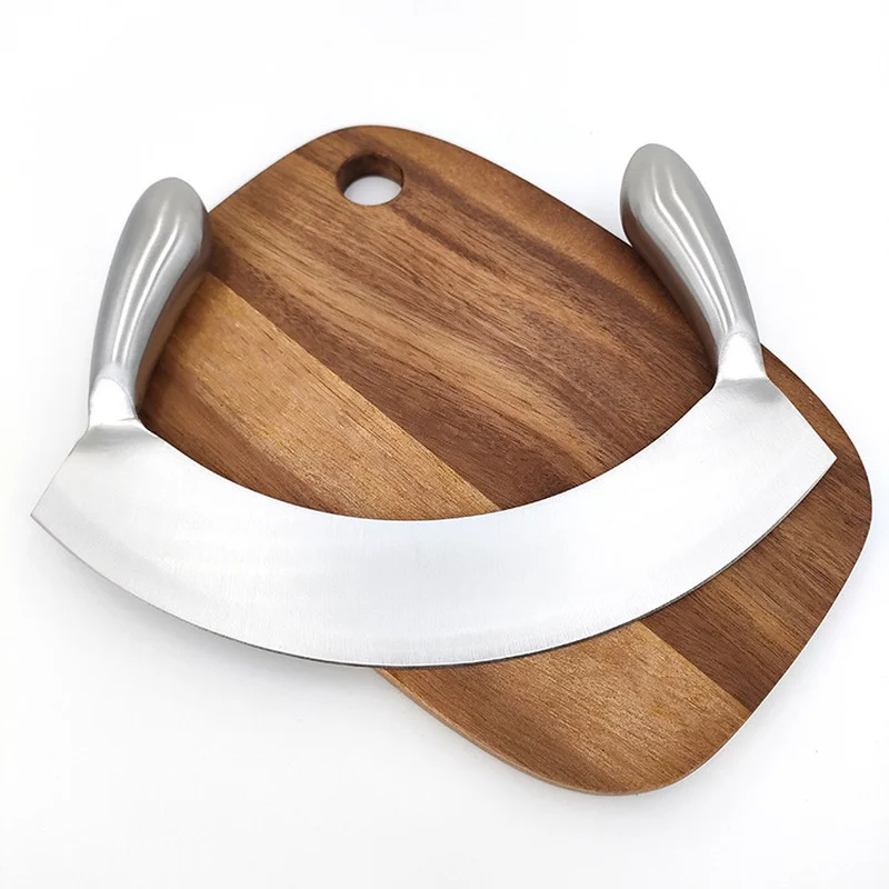 Double Handle Pizza Cutter Sharp Rocker Bread Knife Stainless Steel Blade Bread Slicer Pastry Chopper Cookie Cutting Bakery Tool