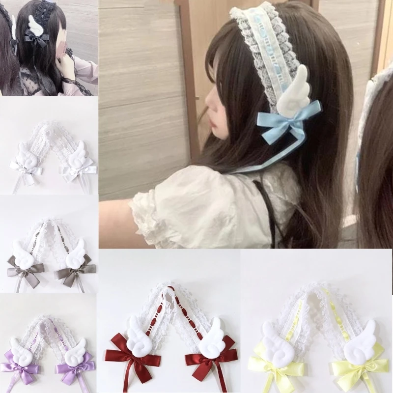 

28TF Handmade Hair Accessory Headband Gothic Lolitas Cosplay Maid Lace Hair Bands Cute Wings & Bowknots Decors for Women
